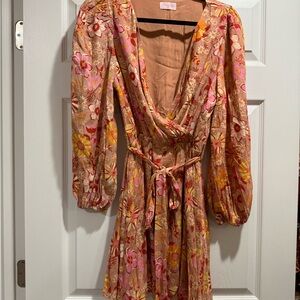 Pink Lily Floral Long Sleeve Dress in Pink and Orange